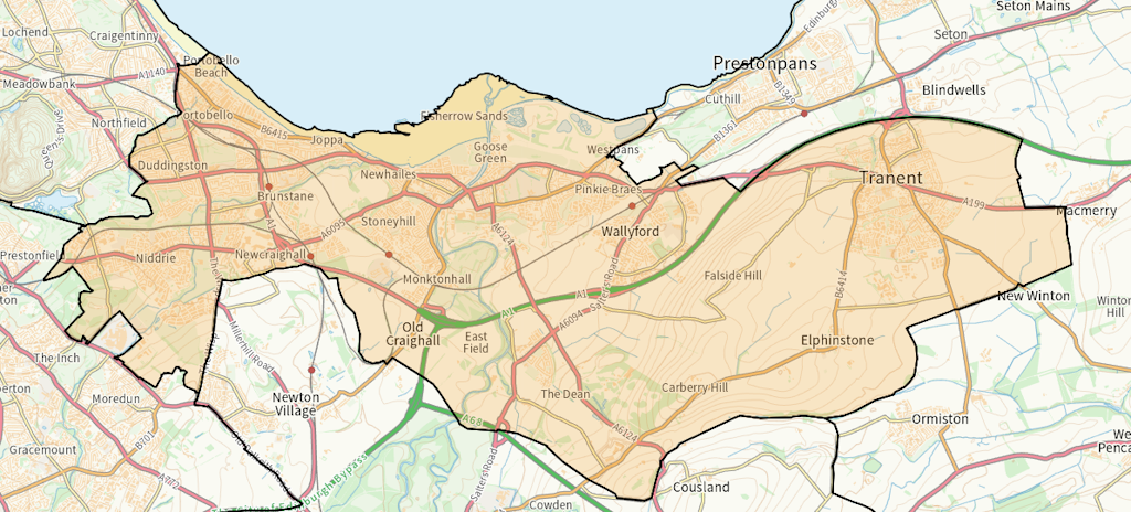 Edinburgh Eastern, Musselburgh and Tranent Scottish parliamentary constituency boundary map