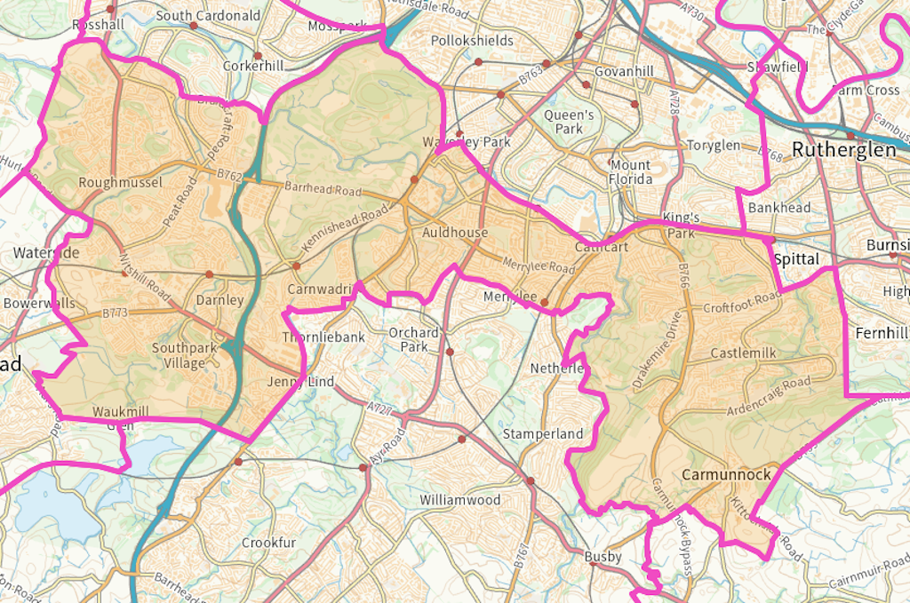 Glasgow Cathcart and Pollok Scottish parliamentary constituency boundary map