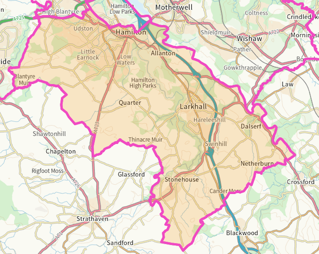 Hamilton, Larkhall and Stonehouse Scottish parliamentary constituency boundary map