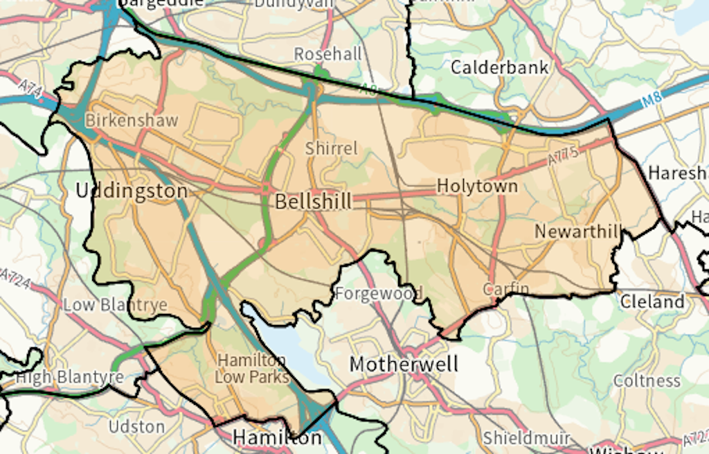 Uddingston and Bellshill Scottish parliamentary constituency boundary map