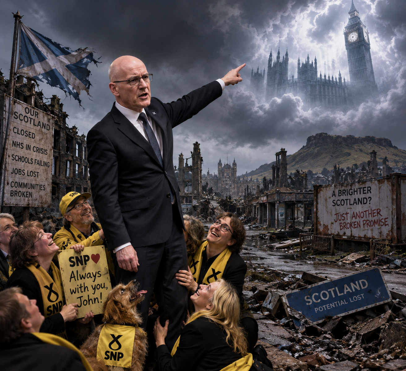 John Swinney points toward a stormy Palace of Westminster while SNP supporters cheer around him. Behind them Scotland is shown in ruins, with signs reading Our Scotland Closed, NHS in crisis, schools failing, jobs lost, communities broken, and Scotland Potential Lost.