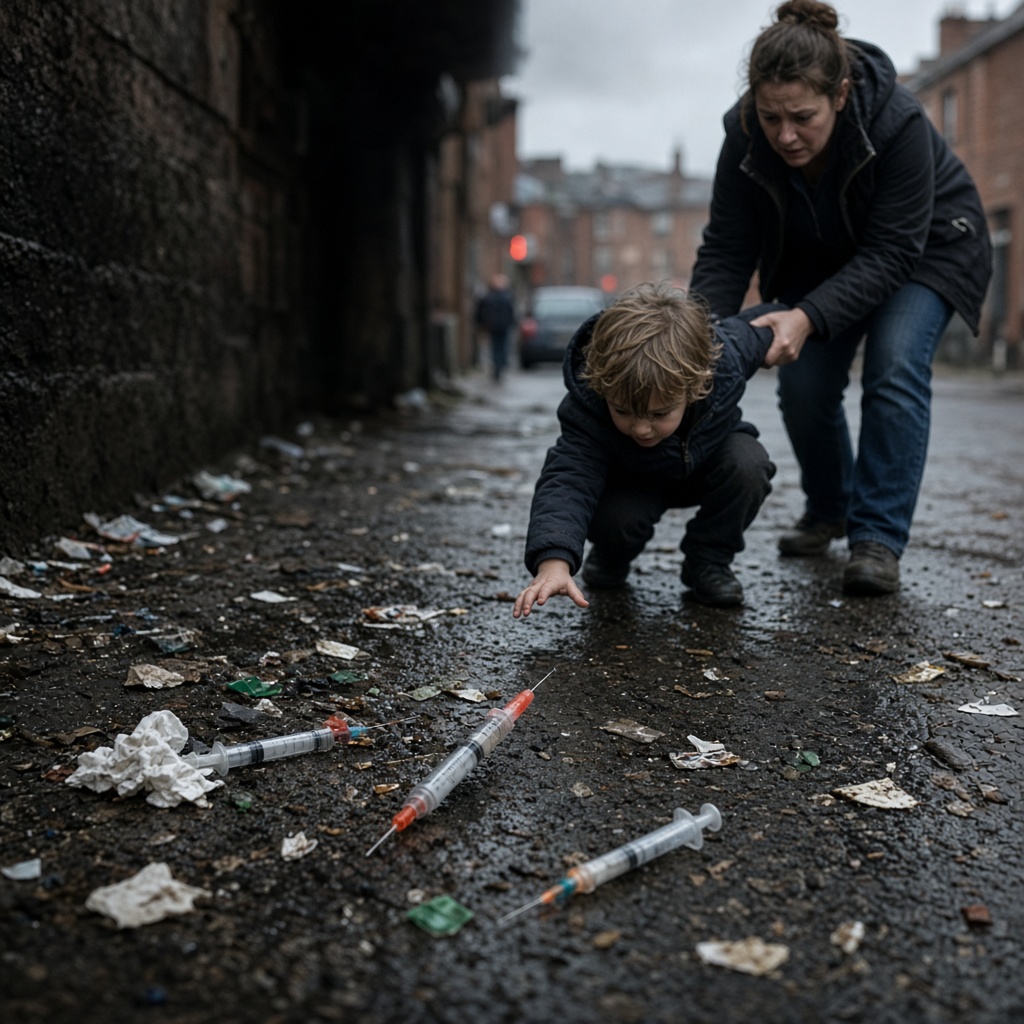 A small child reaches toward discarded syringes on a wet street while an adult holds their other hand.