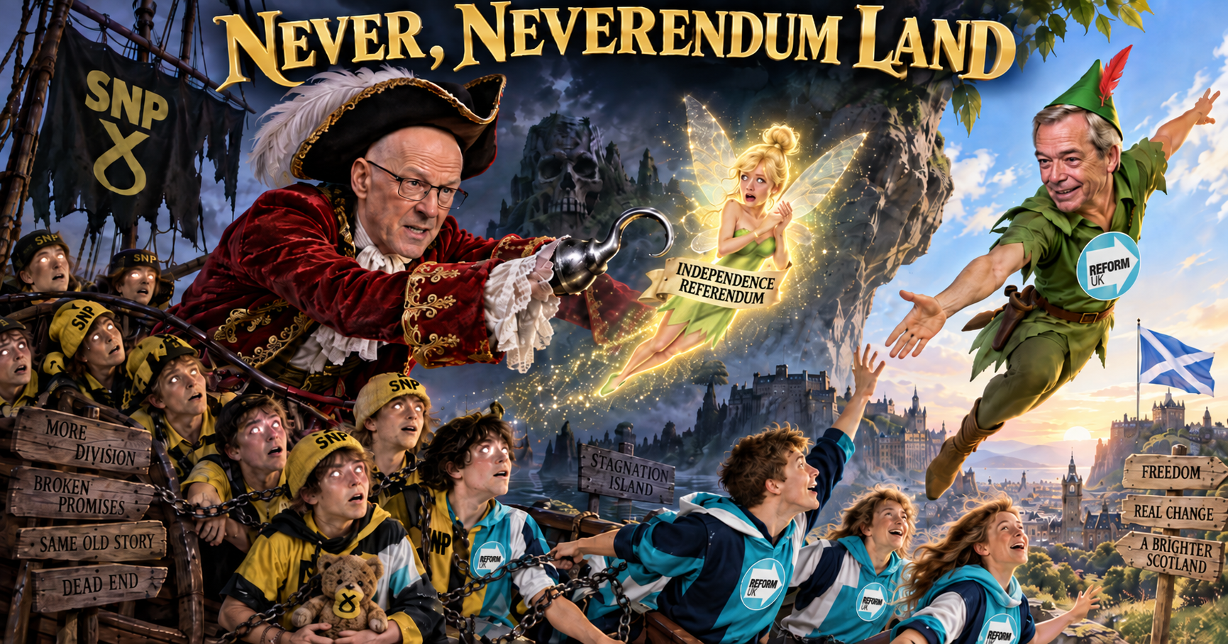 Satirical scene titled Never, Neverendum Land: John Swinney as Captain Hook on an SNP pirate ship chained to More Division, Broken Promises, Same Old Story and Dead End, while Nigel Farage as Peter Pan reaches toward Reform supporters and a brighter Scotland. A fairy labelled Independence Referendum hovers between them.