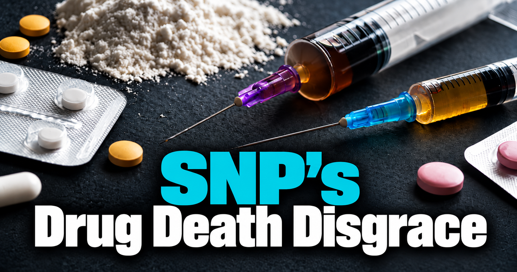 Graphic titled SNP&rsquo;s drug deaths disgrace, showing a rain-soaked street strewn with syringes and a nitazene bag, graffiti reading another death, another empty promise, and SNP failed Scotland, and a suited figure whose face is half a skull.