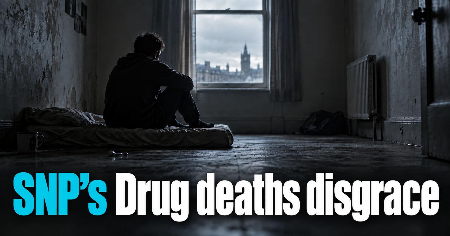 Graphic titled SNP&rsquo;s drug deaths disgrace, showing a rain-soaked street strewn with syringes and a nitazene bag, graffiti reading another death, another empty promise, and SNP failed Scotland, and a suited figure whose face is half a skull.