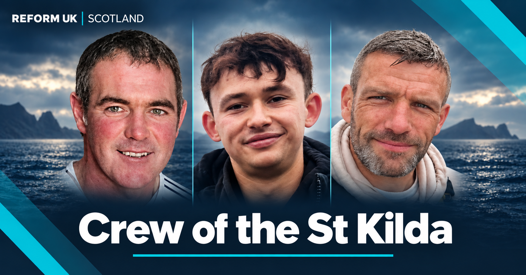 Portraits of Douglas Craigie, Murdo Morrison and Norman Tam Murray against a stormy sea, under the words Crew of the St Kilda.