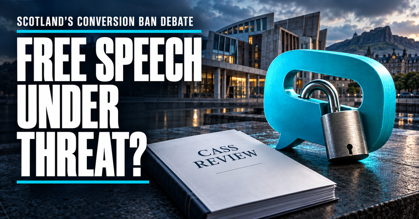 Graphic reading Scotland's conversion ban debate: free speech under threat? A copy of the Cass Review sits beside a padlocked speech bubble, with the Scottish Parliament building behind.