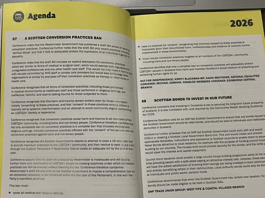 The SNP conference 2026 agenda, open at item 07, A Scottish conversion practices ban, with the full text of the motion.